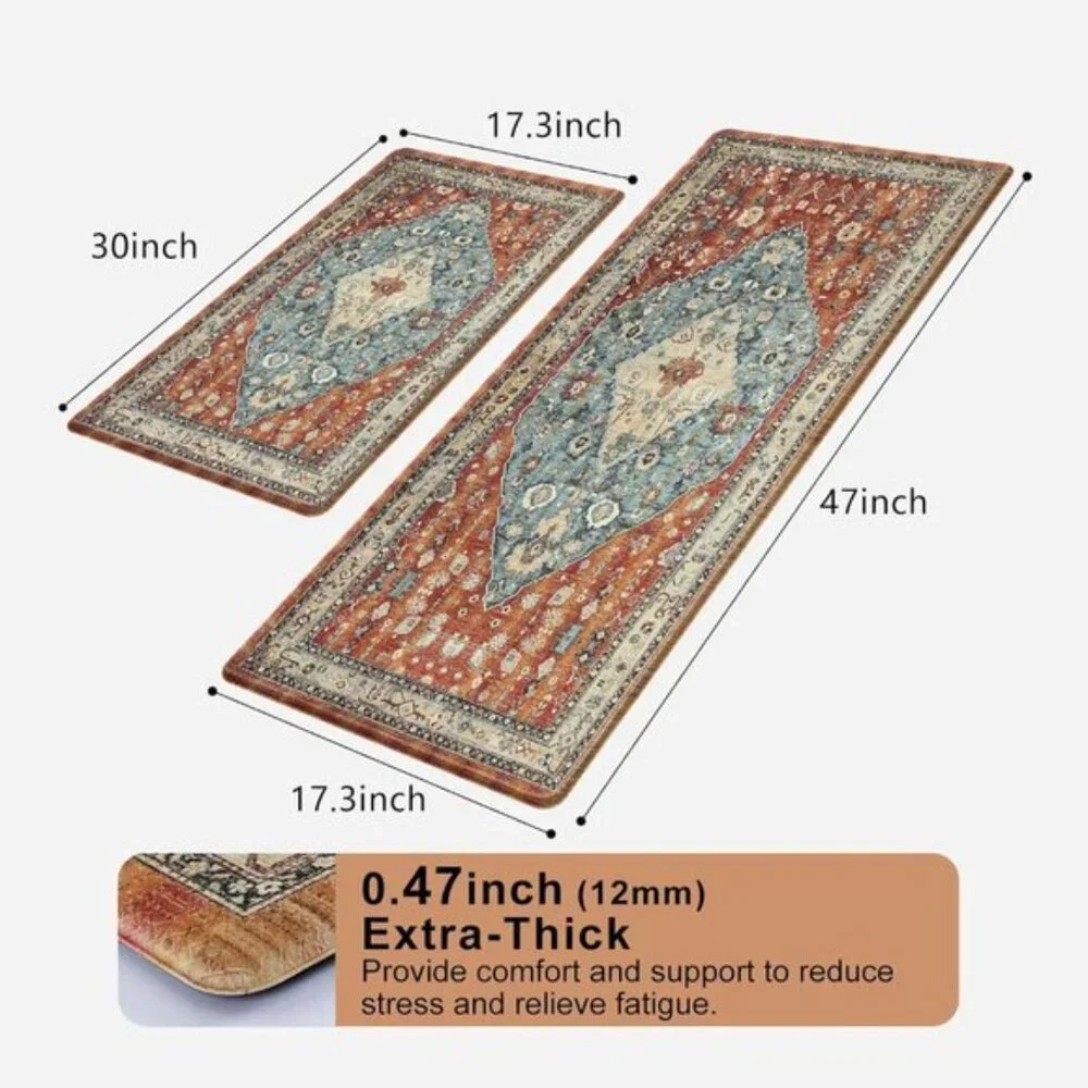 New Set of 2 Boho Kitchen Mat, Cushioned, Anti-Fatigue, Non-Skid, Waterproof